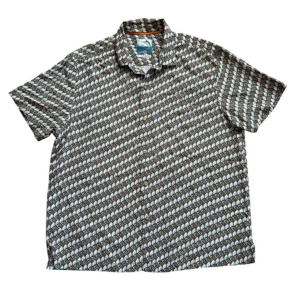 Tommy Bahama Island Modern Fit 100% Silk Flamingo Green Shirt Button Up XL